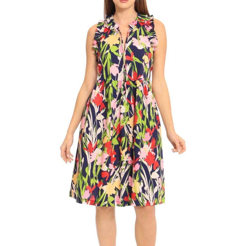 MAGGY LONDON Vibrant Floral Ruffle Keyhole A-Line Casual Dress Sz‎ 2 NWT